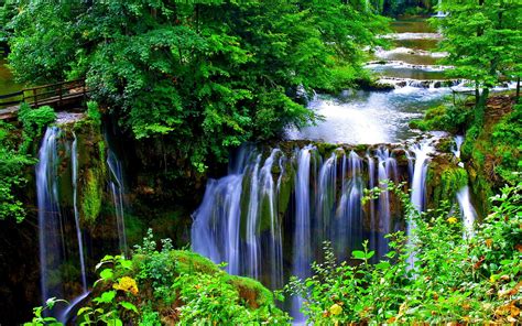 Beautiful Cascading Waterfall Beautiful Green Nature Wooden Bridge