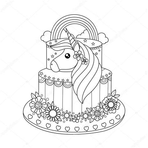 Unicorn Cake Coloring Book Adult Vector Illustration Handdrawn Doodle