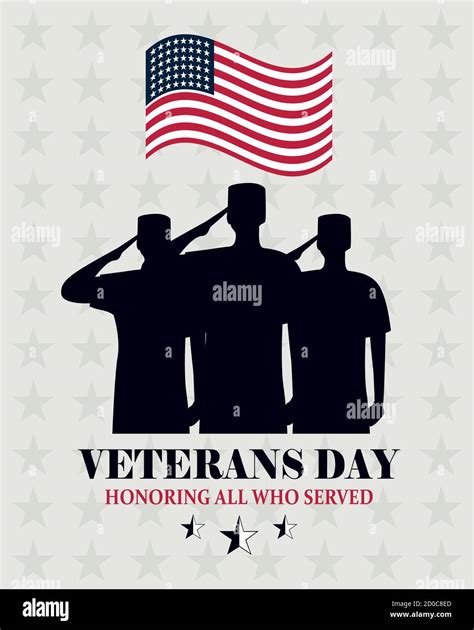 Happy Veterans Day Waving Us Flag And Soldiers Saluting Card Vector