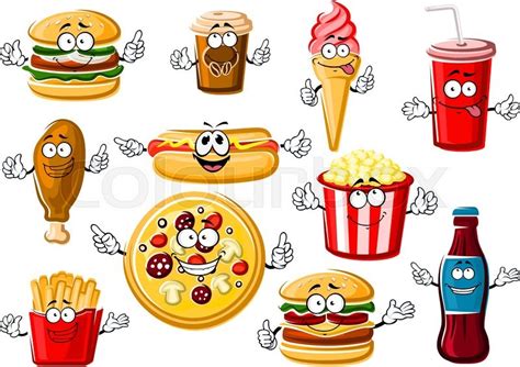 Happy Cartoon Fast Food Menu Characters With Pepperoni
