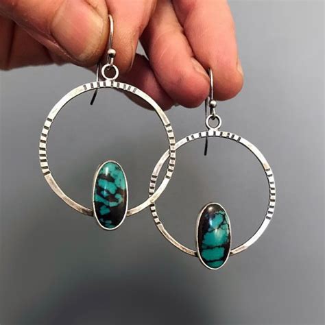 Turquoise Hoop Earrings Hammered Silver Hoops Gemstone And Etsy