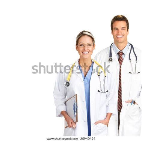 Smiling Medical People Stethoscopes Isolated Over Stock Photo 25940494