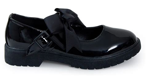 Girls Patent Bow Black Shiny Ankle Jane Strap Mary Back To School Shoes