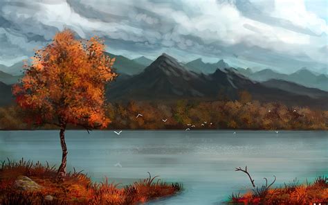 Paintings Mountains Landscapes Trees Autumn Season Scenic Lakes Blue