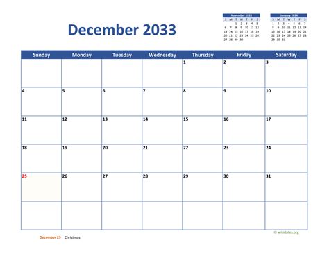 December 2033 Calendar Classic