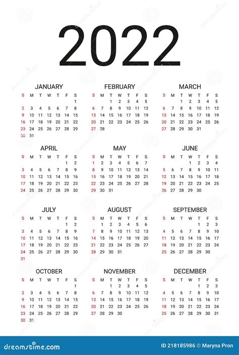 2022 Calendar Vector Illustration Wall Calender With 12 Month Stock