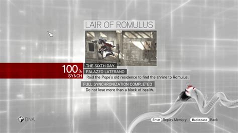 Assassin S Creed Brotherhood The Sixth Day Romulus Lair 100 Score