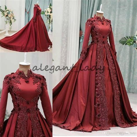 Dark Red Arabic Muslim Evening Dresses With Long Sleeves Beaded High Neck Ball G With Images