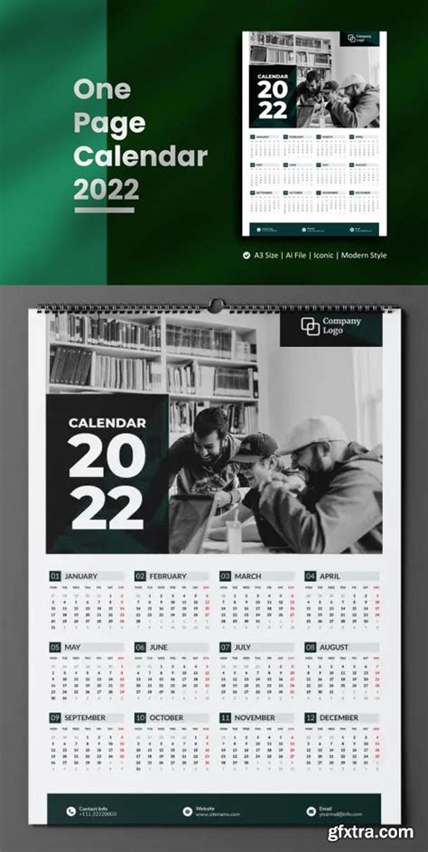 One Page Calendar 2022 A3 Vector Design Template Gfxtra