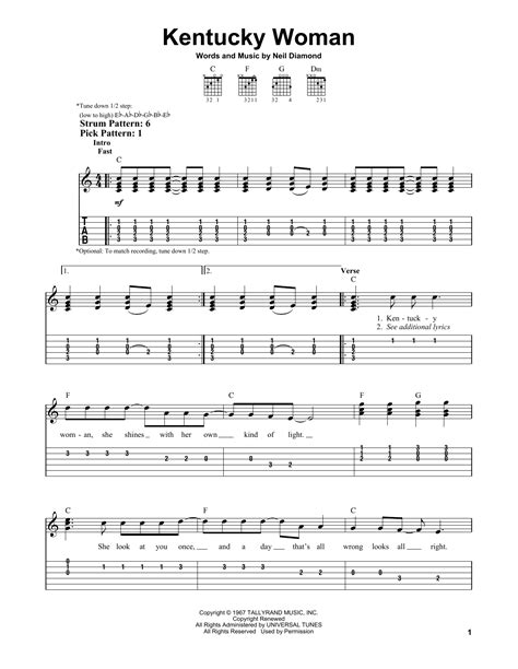 Kentucky Woman Sheet Music Neil Diamond Easy Guitar Tab