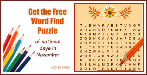 November Word Search Printable National Days Word Find Puzzle