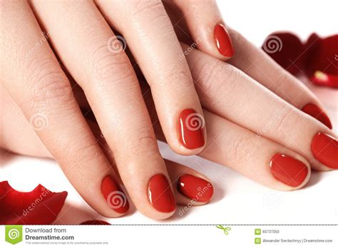 Beautiful Female Finger Nails With Red Nail Closeup On