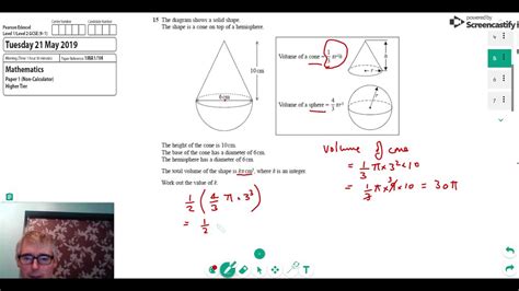 15 Volumes Of Cones And Hemispheres 2019 Edexcel Gcse Maths Higher