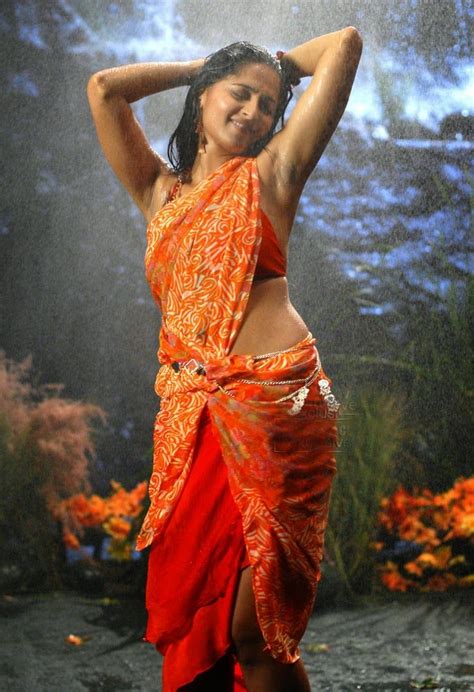 Anushka Shetty Spicy Armpits Hip Navel Show Photos In Orange Saree Indian Actresses Orange