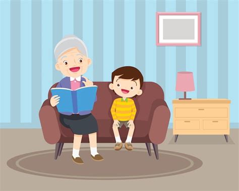 Abuela Sentada Con Sus Nietos En El Sofá Con El Libro Vector Premium