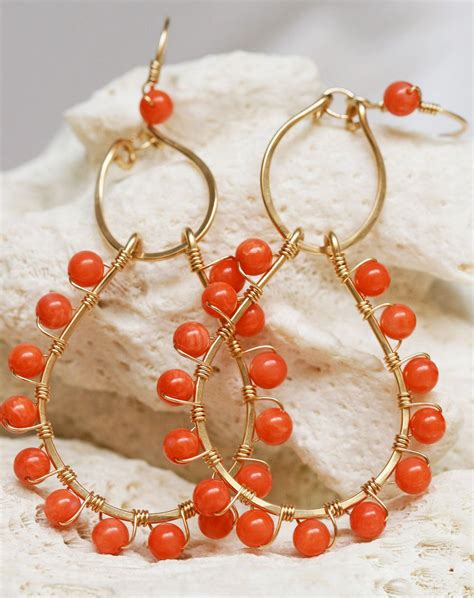 Coral Earrings Gold Hoop Earrings Chandelier Earrings Etsy Gold