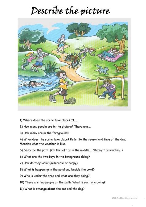 Use naming, doing and describing words to form small sentences. Describing a Picture worksheet - Free ESL printable ...