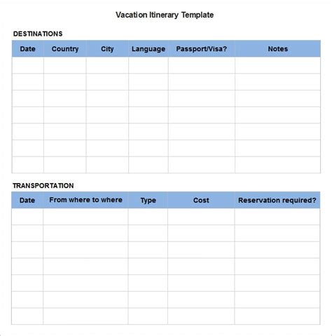 Free Vacation Itinerary Template