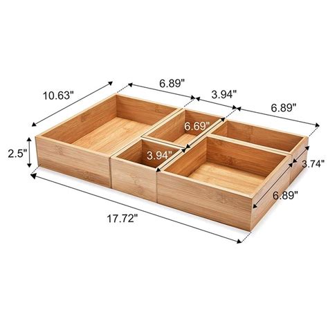 5 Piece Bamboo Drawer Organizer Set Luxury Wooden Desk Storage Box Kit