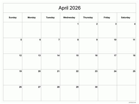 Printable April 2026 Calendar Free Printable Calendars