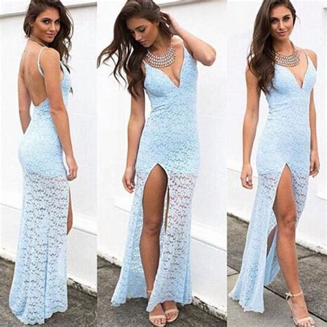 Sexy Plunge V Open Back Lace Embroider Slit Maxi Long Gown Beach Club