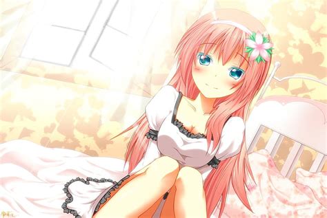 HD Wallpaper Vocaloid Dress Blue Eyes Beds Cleavage Megurine Luka Pink Hair Blush Window Panes