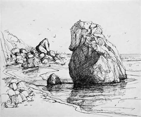 Above we looked at stones with a left and a right side. 'Beach Rocks Thinking of R. Crumb', a Joy Perrin Ink Drawing