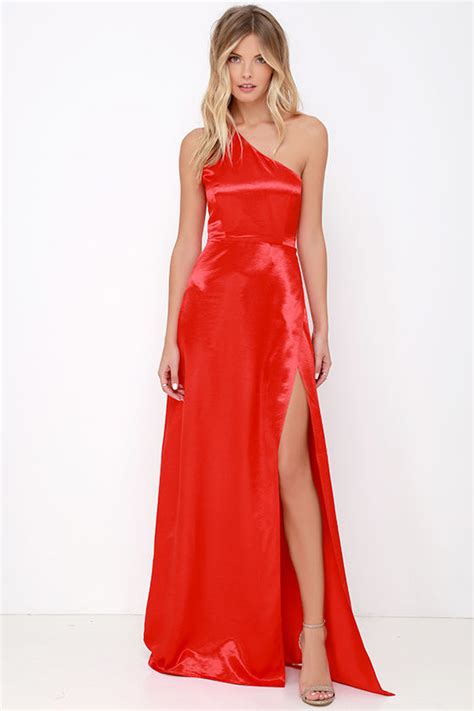 Lovely Red Dress One Shoulder Dress Maxi Dress Satin Dress 6200 Lulus