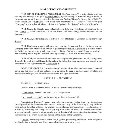 Share Purchase Agreement Template Free