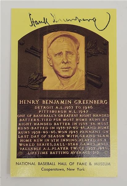 Lot Detail Hank Greenberg Autographed Hall Of Fame Plaque Postcard W