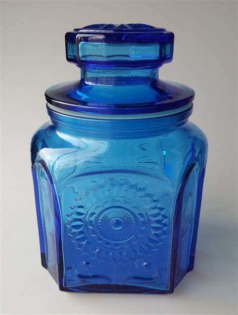 Wheaton Glass Canister Cobalt Blue Sunflower Design 1960s 70s Bottles For Sale Glass
