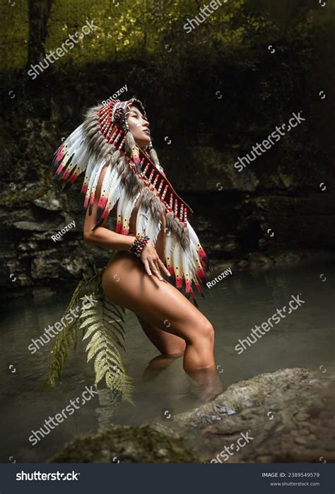Naked Girl Native American Headdresses Poses Stock Photo
