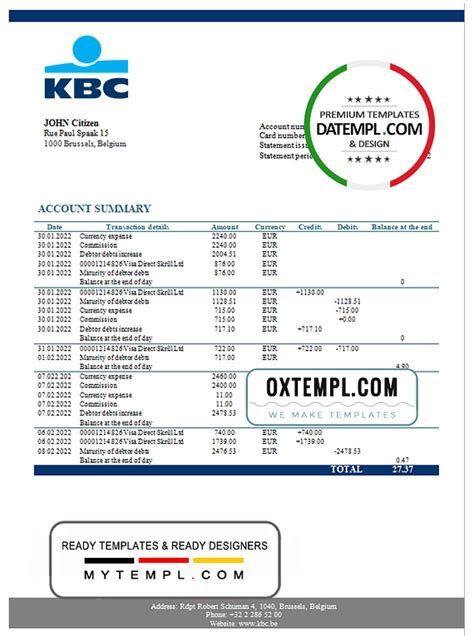 Belgium Kbc Bank Statement Template In Word And Pdf Format In 2022 Statement Template Bank