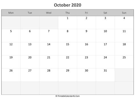 October 2020 Calendar Templates