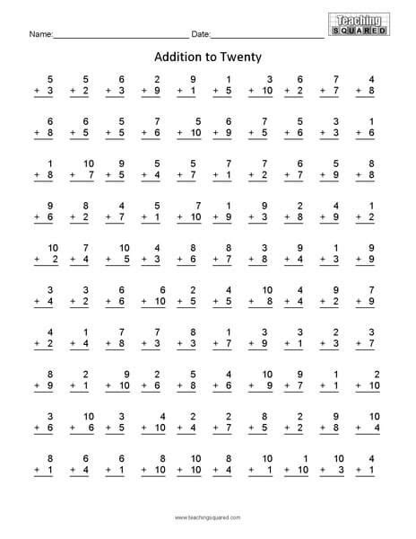 Printable Addition Table Facts To 20