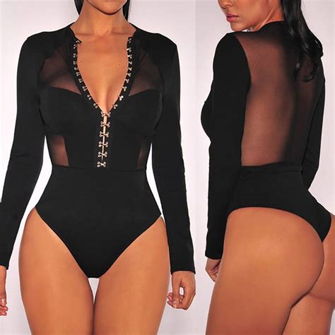 Deep V Sheer Mesh Patchwork Bodysuit Black Bodysuit Bodysuit Womens