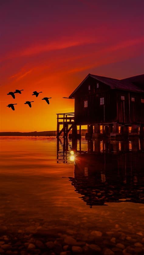 1080x1920 1080x1920 Lake House Nature Hd Pier Birds Sunset 5k