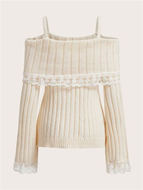 Is That The New Kawaii Contrast Lace Cold Shoulder Sweater Romwe