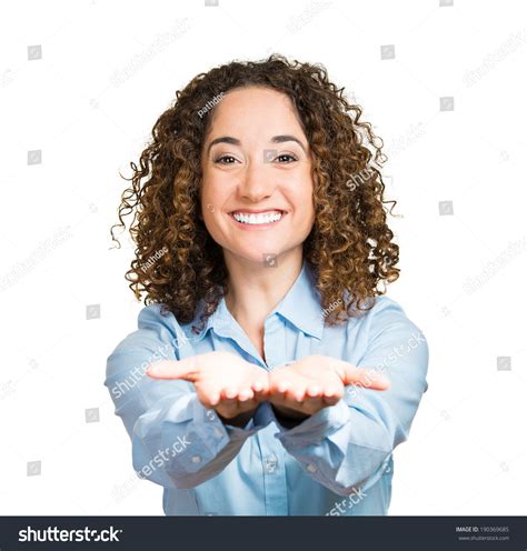 Closeup Portrait Young Happy Curly Brown Hair Woman With Raised