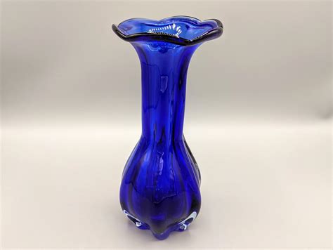 Vintage Cobalt Blue Glass Fluted Art Vase With Scalloped Rim Etsy