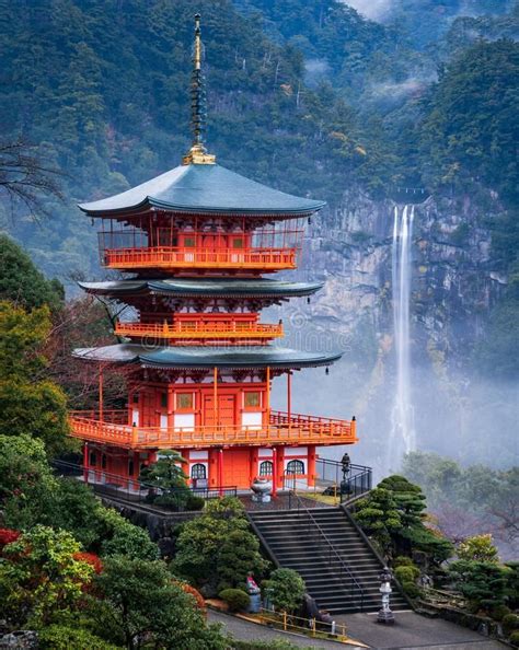 Nachi Waterfall With Red Pagoda Wakayama Japan Stock Image Image Of