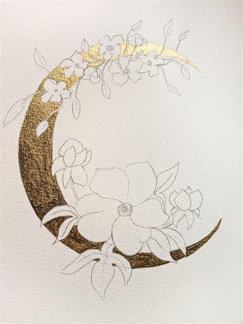 Crescent Moon Art Gold Leafing Art Floral Sketch Drawing Pencil