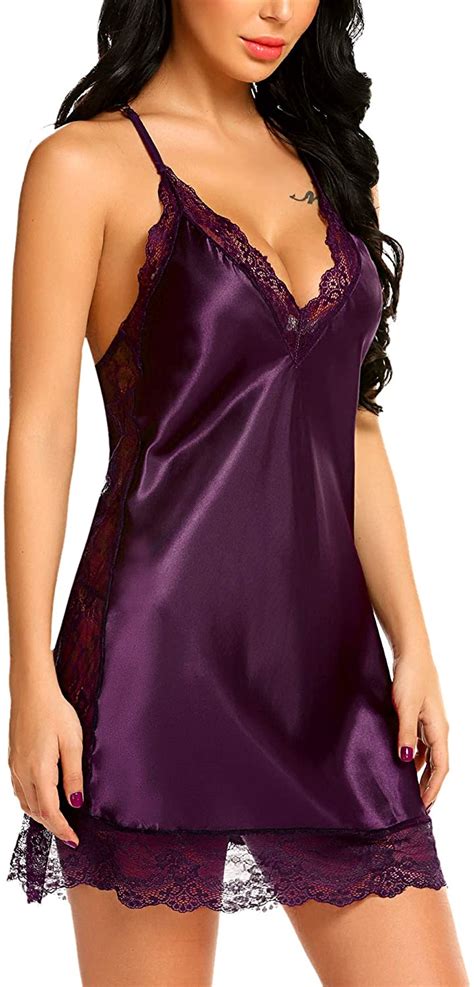 Avidlove Women Lingerie Satin Lace Chemise Nightgown Sexy Purple Size
