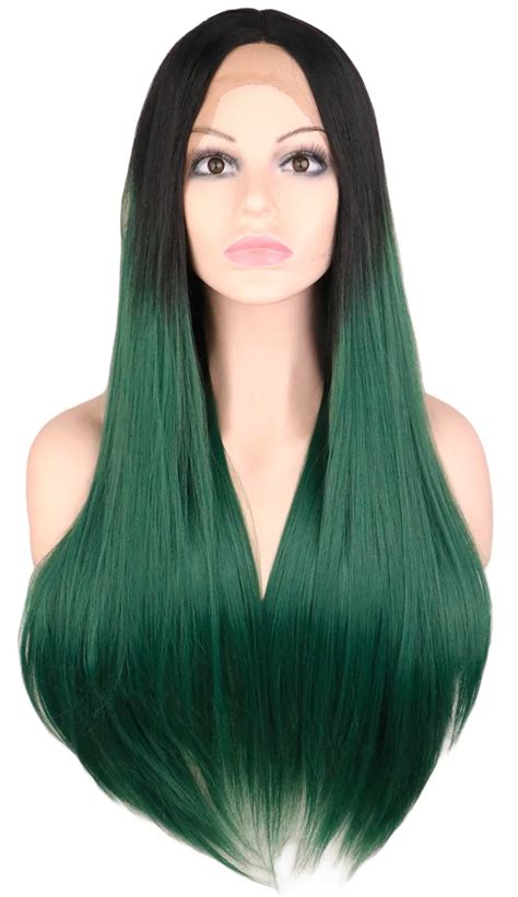 Qqxcaiw Women Glueless Long Straight Lace Front Wig Black Ombre Green
