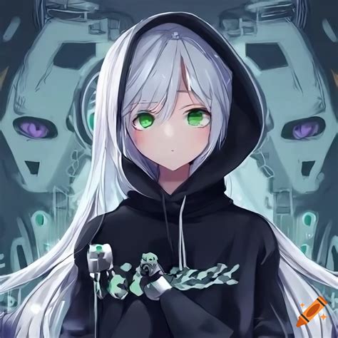 Anime Robot Girl With Long White Hair Green Eyes And A Black Hoodie