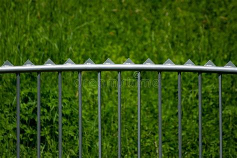 Modern Metal Fence With Triangle Spikes On The Top And Grass In The