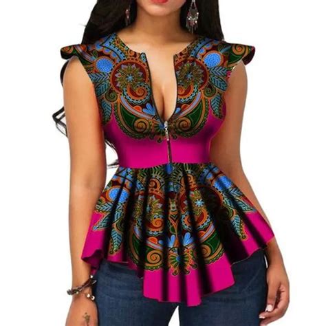 Summer African Fashion Elegant Ethnic Plus Size Blouse Women Casual Slim Zipper Pleated Print