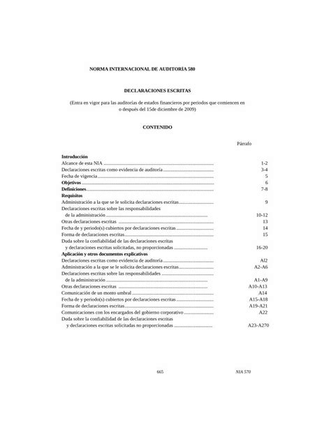 Pdf Norma Internacional De AuditorÍa 580 · Declaraciones Escritas