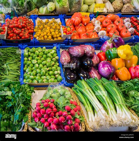 Market With Various Colorful Fresh Fruits And Vegetables Farmers