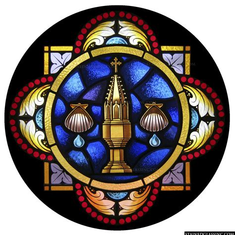 This Stained Glass Art Is Beautifully Colored With Shells And A Spire